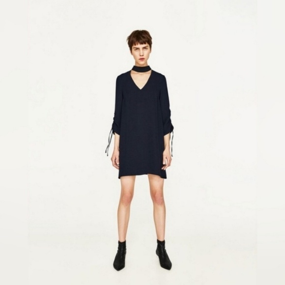 Zara Basics Black Long Sleeve Choker Mini Dress XS - Picture 2 of 2